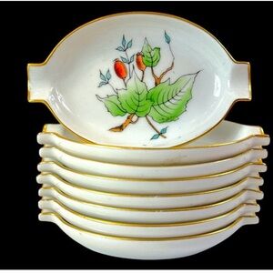 Herend Porcelain Oval Trinket Dishes in the Rose hip (Leaf) Design 8x total
